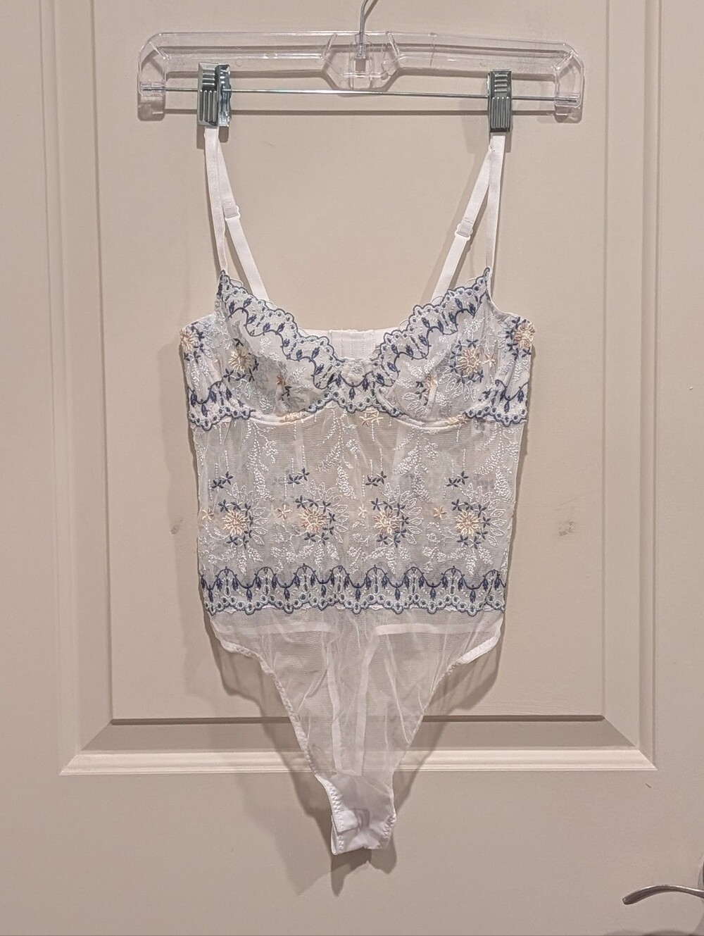 Cosabella White Sheer Embroidered Lace Bodysuit with Blue Accents